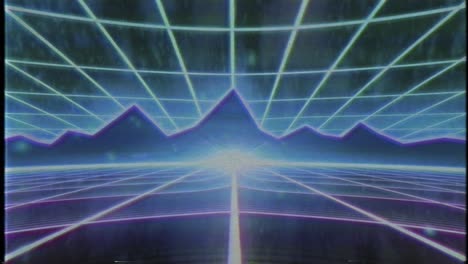 Retro-80er-VHS-Kassette-Videospiel-Intro-Landschaft-Vektor-Arcade-Drahtmodell-Berge